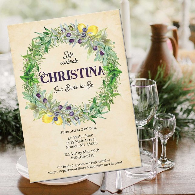 Tuscan Botanical Wreath Lemon Herbs Bridal Shower Invitation (Creator Uploaded)