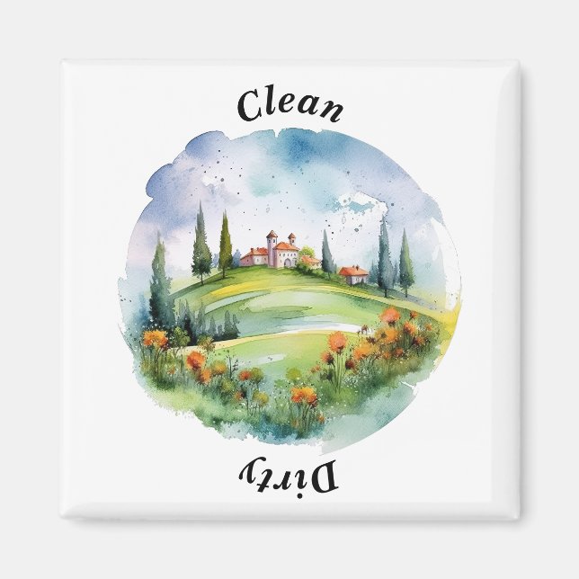 Tuscan Countryside Watercolor Clean Dishwasher Magnet (Front)