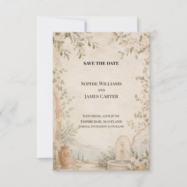 Tuscan Fountain Olive Garden Wedding Save The Date (Front)