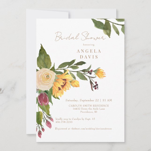 Tuscan Golden Sunflower Floral Bridal Shower Invitation (Front)