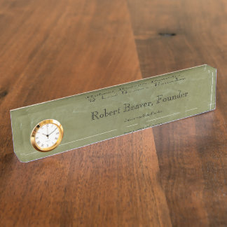 Tuscan Green Plaster Desk Nameplate With Clock