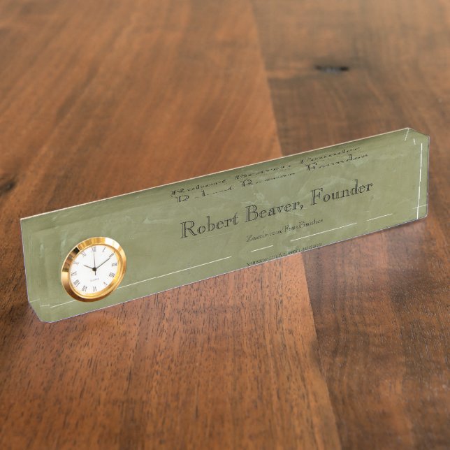 Tuscan Green Plaster Desk Nameplate With Clock (Side)