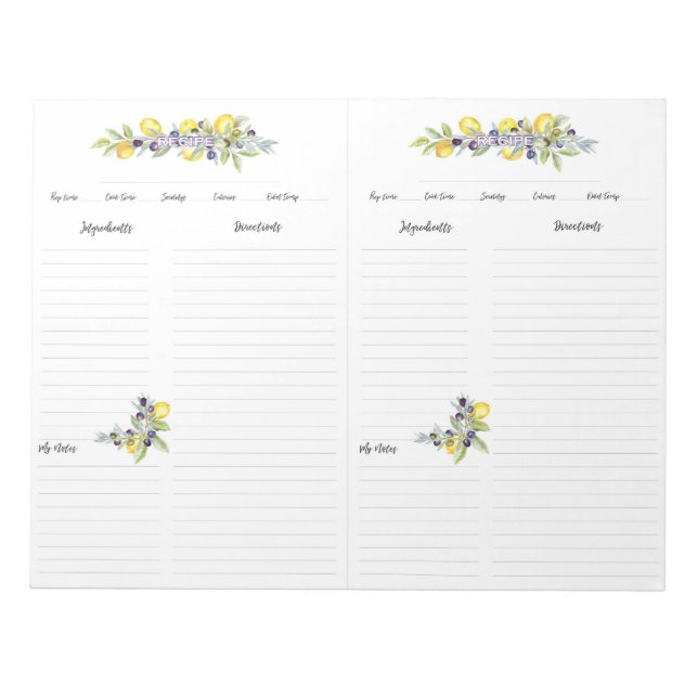 Tuscan Herbs Lemons Mini Binder Recipe Pages Notepad (Front)