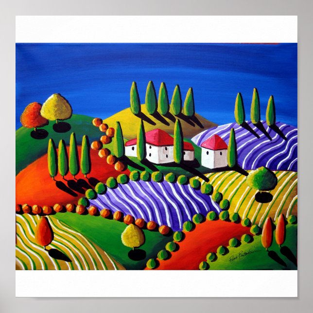 Tuscan Landscape Colourful Folk Art Canvas Print (Front)