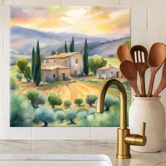 Tuscan Landscape Watercolor Painted Tile