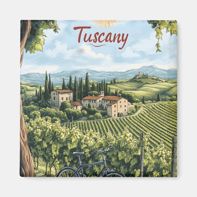 Tuscan Landscape with Vineyards and a Bicycle Magnet (Front)