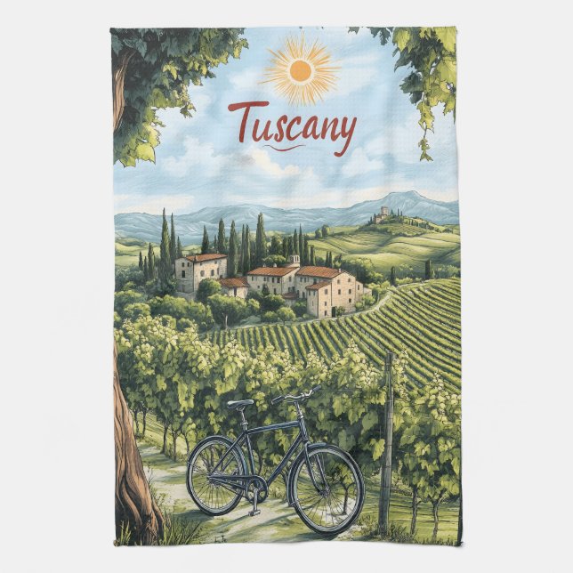 Tuscan Landscape with Vineyards and a Bicycle Tea Towel (Vertical)