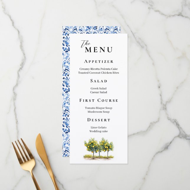 Tuscan Lemon Grove Watercolor Wedding Menu (Front/Back In Situ)