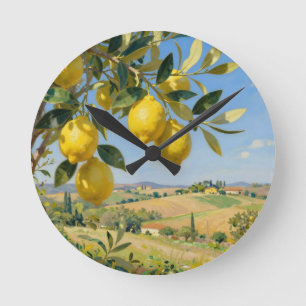 Tuscan Lemon Tree Landscape Round Clock