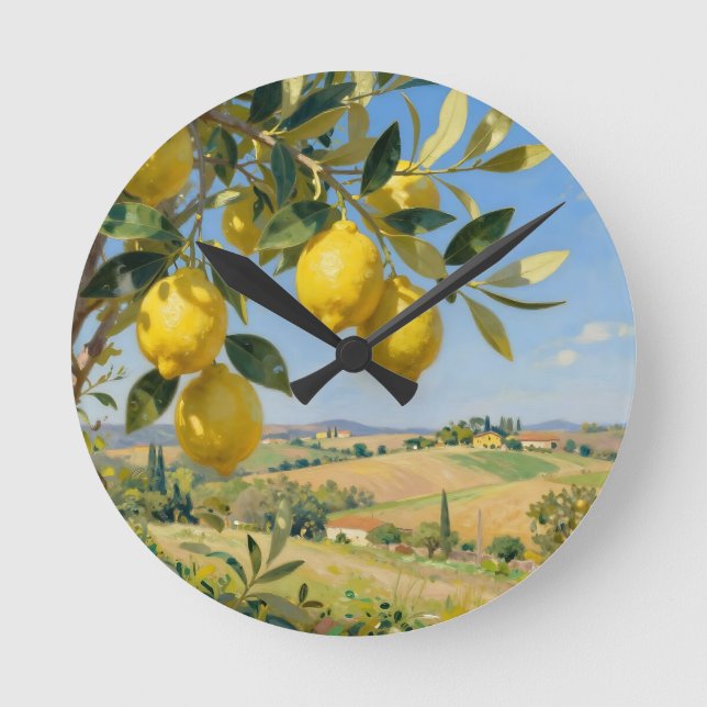 Tuscan Lemon Tree Landscape Round Clock (Front)