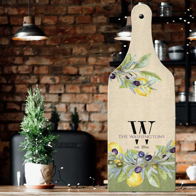 Tuscan Lemons Olives Kitchen Cutting Board (Add some Tuscan style to your kitchen or bar area with this monogrammed cutting board)