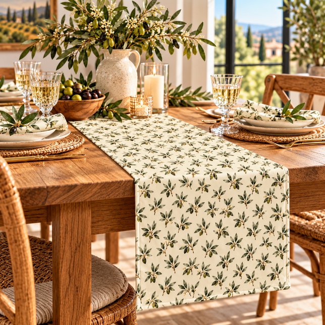 Tuscan Mediterranean Green Olive Sprigs Pattern Short Table Runner (Creator Uploaded)