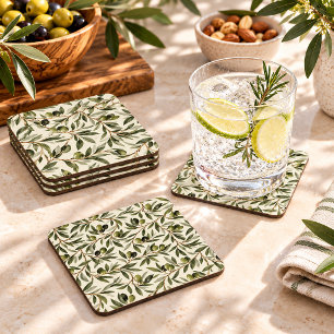 Tuscan Mediterranean Olive Grove Pattern Square Paper Coaster