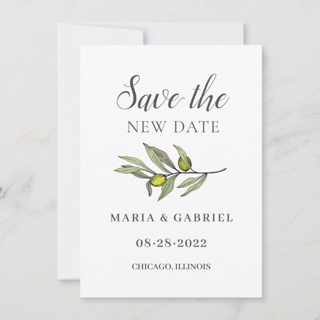 Tuscan Olive Branch. Botanical Wedding Change Save The Date (Front)