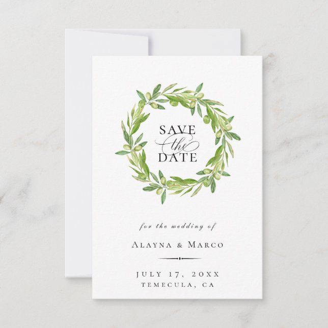 Tuscan Olive Wreath Save The Date Announcement (Front)