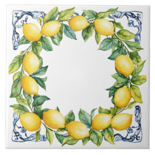 Tuscan Rustic Mediterranean Yellow Lemon Wreath Ceramic Tile