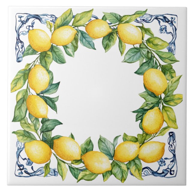 Tuscan Rustic Mediterranean Yellow Lemon Wreath Ceramic Tile (Front)