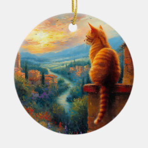 Tuscan Sunset with a Ginger Cat Ceramic Ornament