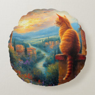 Tuscan Sunset with a Ginger Cat Round Cushion