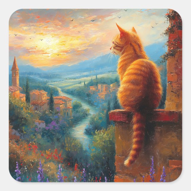Tuscan Sunset with a Ginger Cat Square Sticker (Front)