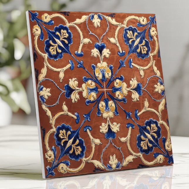 Tuscan Terracotta Blue and Gold Floral Ceramic Tile (Creator Uploaded)
