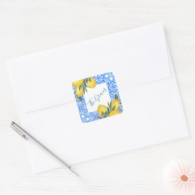Tuscan Tile Watercolor with Lemon  Square Sticker (Envelope)