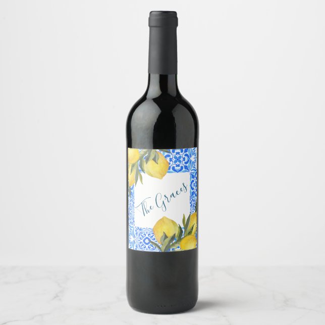 Tuscan Tile Watercolor with Lemon  Wine Label (Front)