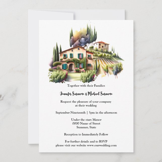 Tuscan villa watercolor Italian vineyard winery Invitation (Front)