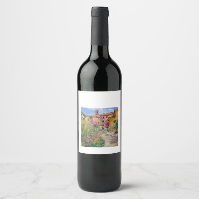 Tuscan Village with Flowers Wine Label (Front)