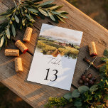 Tuscan Vineyard Wedding | Italian Countryside Table Number<br><div class="desc">Guide your guests to their seats with this elegant Tuscan vineyard wedding table number, featuring a romantic watercolor landscape of rolling vineyards and a charming Italian countryside villa. Inspired by the beauty of Tuscany wine country, this design perfectly complements vineyard and destination weddings. The scenic vineyard illustration paired with modern...</div>