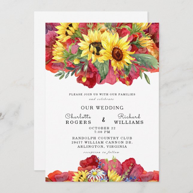 Tuscan Yellow and Vibrant Red Bold Floral Wedding  Invitation (Front/Back)
