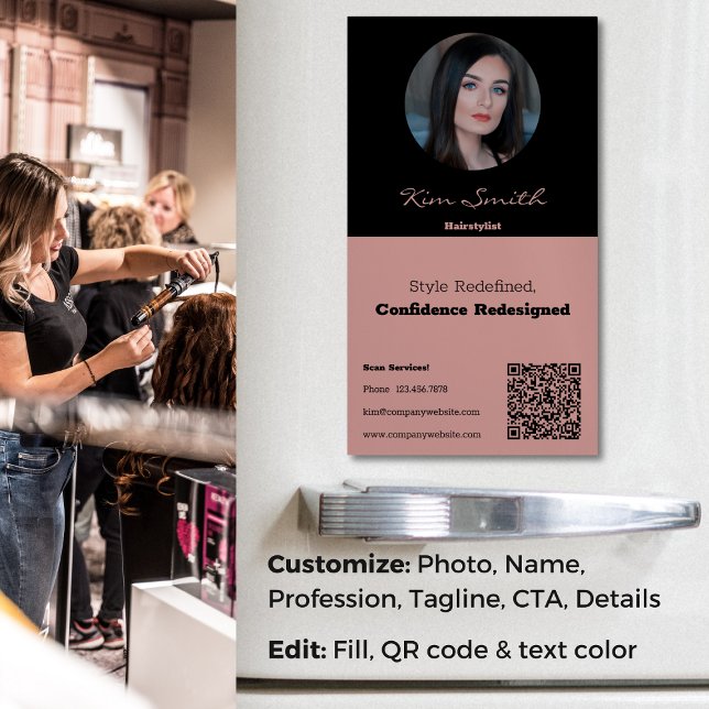 Tuscany & Black Professional Hair Stylist QR Code Magnetic Business Card (Tuscany & Black Professional Hair Stylist QR Code Business Card Magnet, Tagline, CTA, Profile Photo)