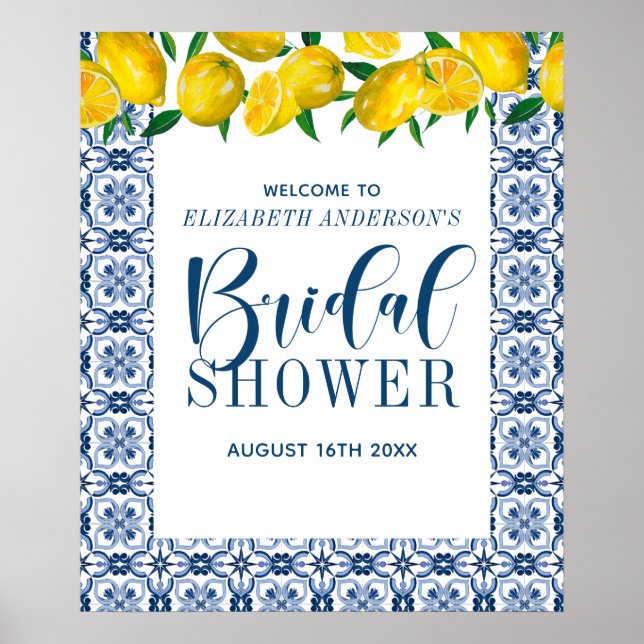 Tuscany Blue Italian Tile Bridal Shower Poster (Front)