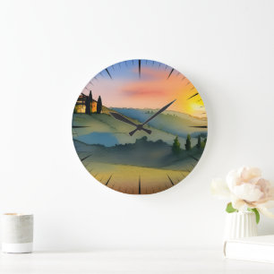 Tuscany Hills Scenic Watercolor   Large Clock
