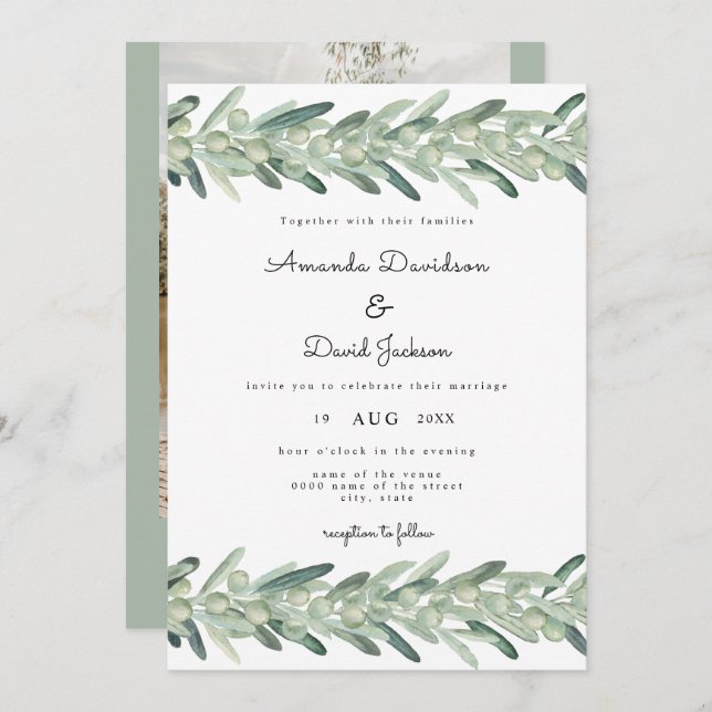 Tuscany Italian Olive Branch Boho Modern Wedding  Invitation (Front/Back)