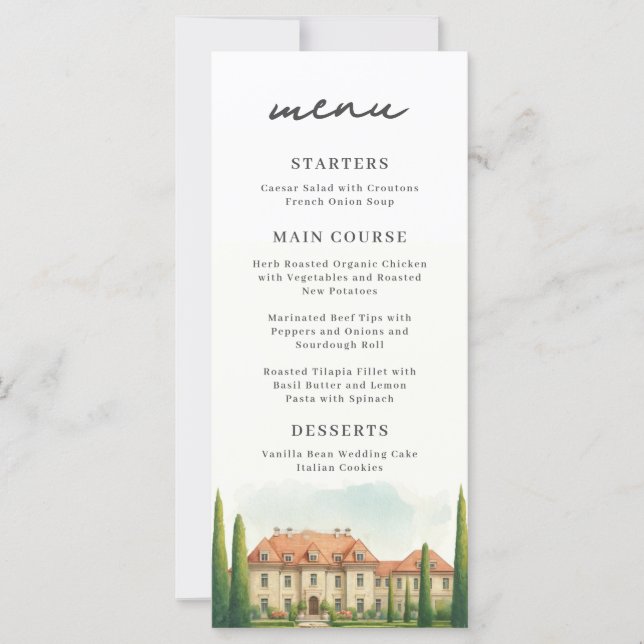 Tuscany Italian Villa Chic Watercolor Wedding Menu (Front)