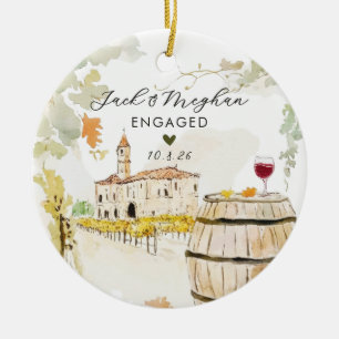 Tuscany Italy Engaged Vineyard Wine Watercolor Ceramic Ornament