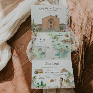Tuscany Italy   Illustrated Wedding Tri-Fold Invitation
