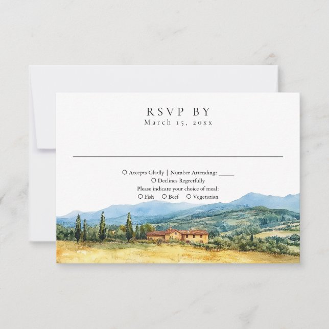 Tuscany Italy Rustic Country Watercolor Wedding RSVP Card (Front)