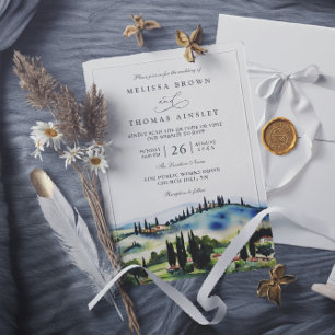Tuscany Italy Watercolor Landscape QR Code Wedding Invitation
