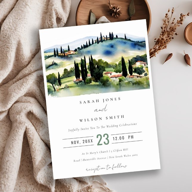 Tuscany Italy Watercolor Landscape Wedding Invitation (Creator Uploaded)