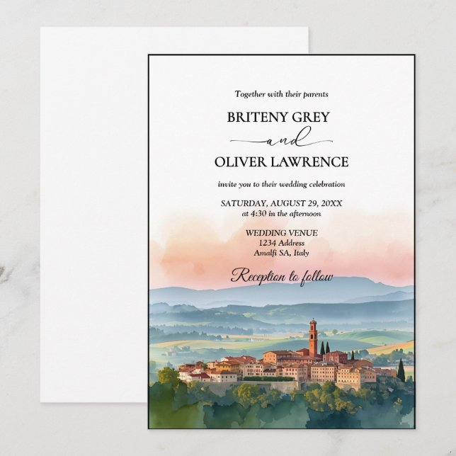 TUSCANY Italy Watercolor Skyline Photo Wedding Invitation (Front/Back)