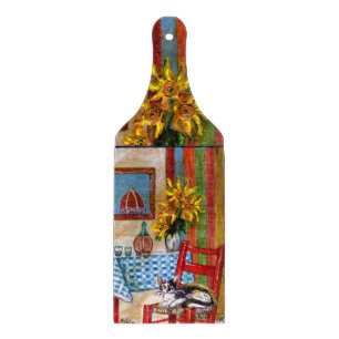 TUSCANY KITCHEN CAT,SUNFLOWERS WINE GLASSES CUTTING BOARD