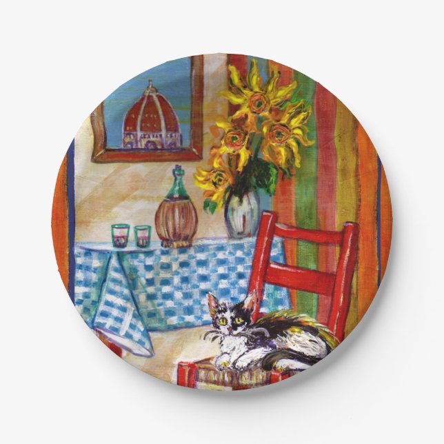 TUSCANY KITCHEN CAT,SUNFLOWERS WINE GLASSES  PAPER PLATE (Front)