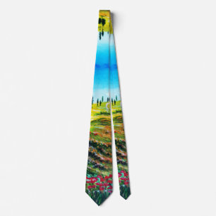 TUSCANY LANDSCAPE ,CYPRESS TREES WITH POPPIES NEC TIE
