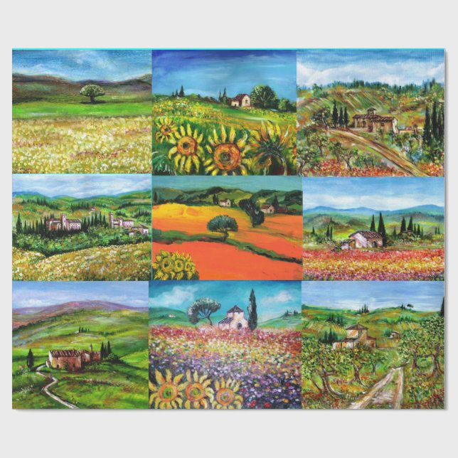 TUSCANY LANDSCAPE SUNFLOWERS,POPPIES,FLOWER FIELDS WRAPPING PAPER (Flat)