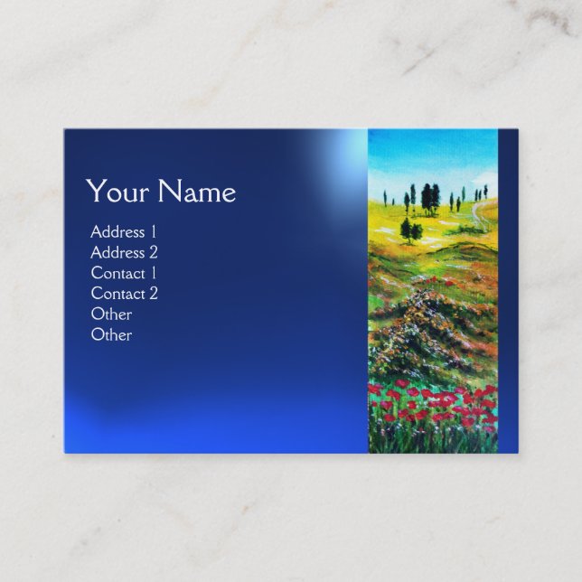 TUSCANY LANDSCAPE WITH POPPIES , blue sapphire Business Card (Front)