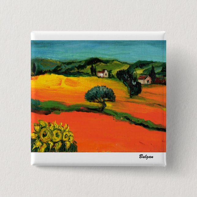 TUSCANY LANDSCAPE WITH SUNFLOWERS 15 CM SQUARE BADGE (Front)