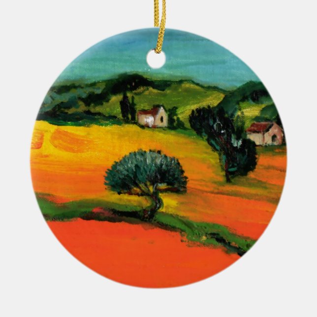 TUSCANY LANDSCAPE WITH SUNFLOWERS CERAMIC TREE DECORATION (Front)