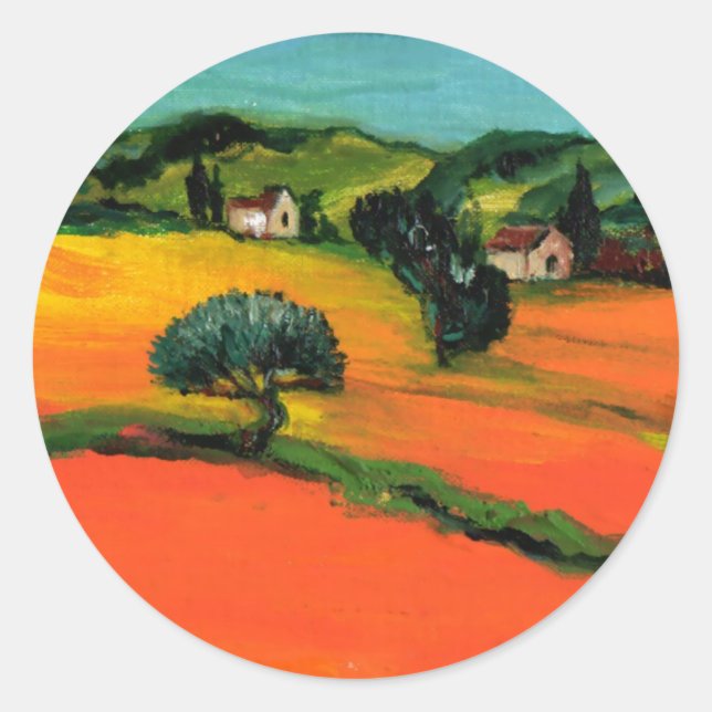 TUSCANY LANDSCAPE WITH SUNFLOWERS CLASSIC ROUND STICKER (Front)
